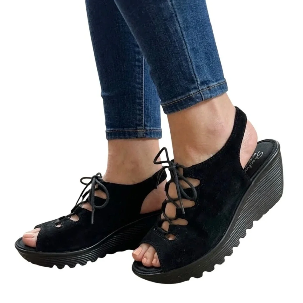 Skechers Parallel LaceUp Wedge Suede Sandals Women 8.5 Black Grunge Comfort Goth